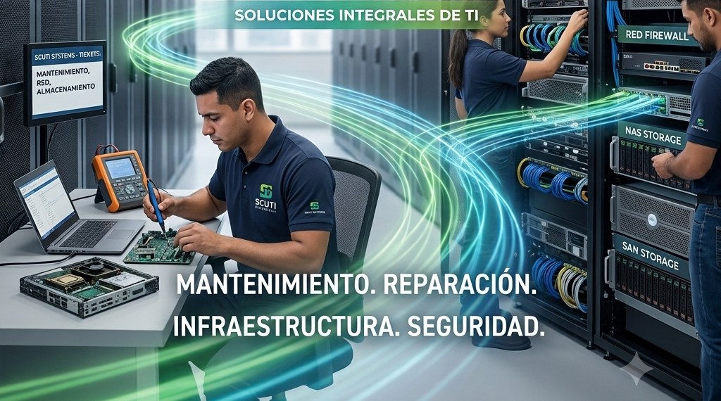 Equipo técnico de Scuti Systems trabajando en infraestructura
